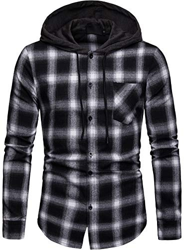 Iris Sprite män rutiga skjortor med huva knapp skarv sweatshirt långärmad gitter toppar, Svart - A112, S
