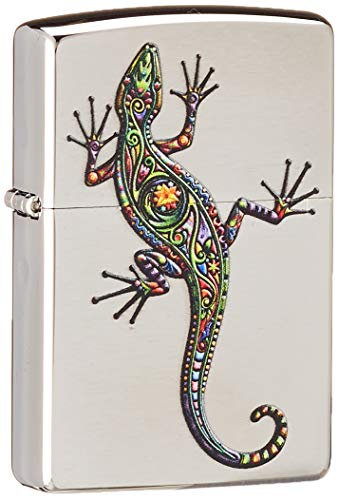 Zippo - Briquet tempête, Motif lézard, Chrome brossé, Impression colorée Color Image, Rechargeable, réutilisable, Design Coupe-Vent, boîte Cadeau, fabriqué aux États-Unis