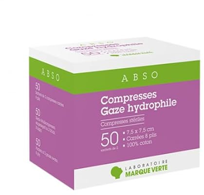 Marque Verte Compresses Stériles Gaze Hydrophile 7,5cm x 7,5cm 50 x 2 compresses