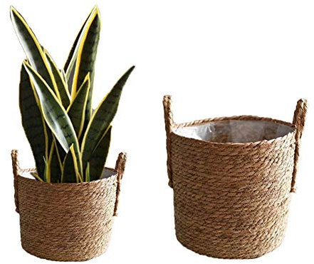 Cratone 2 Stücke Pflanzkorb Blumentopf mit Griff Naturkorb Bauchkorb aus gewebtem Seegras zur Aufbewahrung für Blumentopf
