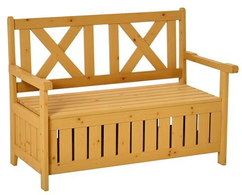 Outsunny Wood Garden Bench 2 Seater Storage Chest Patio Seating Chair with High Back and Armrest, Yellow