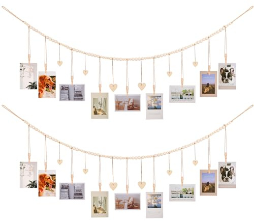 Hanging Photo Display Room Wall Decor, Boho Collage Picture Frame Christmas Cards Holder, Photo Hanger with 9 Wood Clips and 6 Wooden Hearts Tags for Home, Bedroom, Office, Nursery, Dorm Decor, 2 Pack