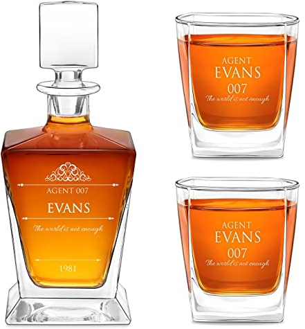 Maverton Personalised Whiskey Set for Man - Carafe with 2/4/ 6 Glasses for him - Stylish Barware for Birthday - for Whisky Connoisseurs - Decanter and 2 Glasses with Engraving - Agent