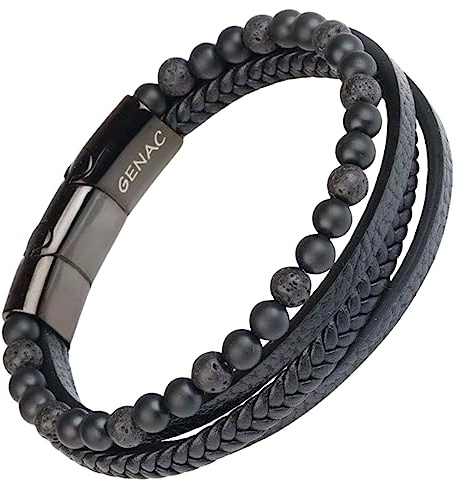 genac Bracelet Pour Homme En Perles De Pierres Naturelles 6mm Et Cuir Véritable Multi Tissé Avec Fermoir Magnétique Amovible En Acier Inoxydable Pour Régler Facilement La Longueur.