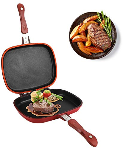 Padella a Doppia Faccia, Rosso Piastra Grill Antiaderente in Lega di Alluminio, Griglia per Barbecue Portatile, Ribaltabile a Doppia Faccia, Padella Multifunzione per Colazione Sandwich Panini