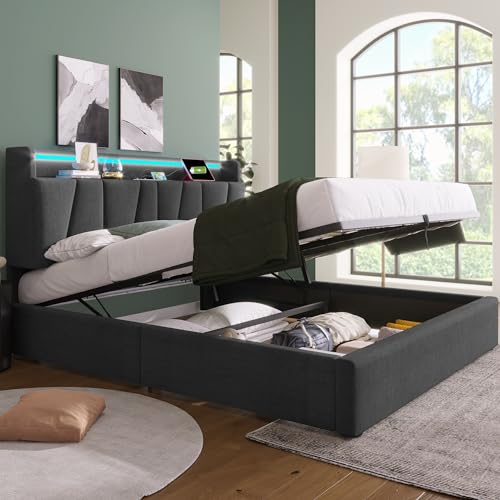 Merax Polsterbett 160x200cm mit LED-Beleuchtung und Aufladen USB, Hydraulisch Doppelbett mit Bettkasten und Großer Stauraum Kopfteil, Bettgestell mit Lattenrost, Leinenmaterial, ohne Matratze, Grau