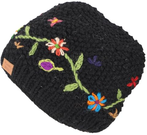 GURU SHOP Kurze Beanie Mütze, bestickte Strickmütze, Nepalmütze, Wollmütze | Handgestrickte Mütze, Unisex, mit Fleecefutter, schützt vor Kälte, Passform 52-60 cm, fair gehandelt