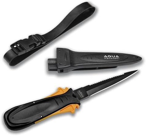 AquaDiscovery, Knife for Diving, Hunting, Blade Made of Steel AISI 420 Length, Knife With Sheath and Limb Mount, Black Anodized Coating. Blade 3.5in