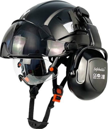SAFEBUILDER Safety Helmet with Visor Ear Muffs Work at Hight Carbon Fiber Abs Hard Hats for Industrial Construction Head Protection ANSI Z89.1 Approved（Black Hard Hat+Clear&Tinted Visor+B07 Ear Muffs）