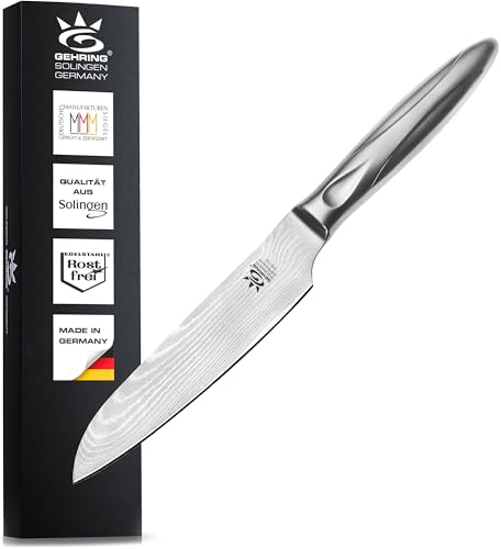 SOLINGEN Ergo Fun | Santoku Damastmesser 15 cm/Scharfes Profi Küchenmesser | Asiatische Klingenform, made in Germany, 65 Lagen VG10 Damaststahl + Edelstahl Griff | Knife from Solingen