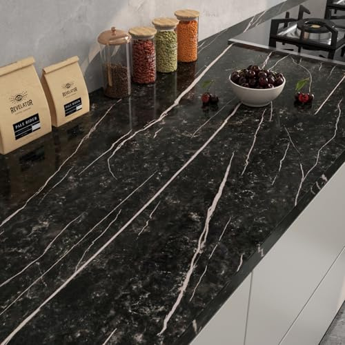 FunStick Schwarze Marmor Klebefolie für Arbeitsplatte Küche Marmoroptik Tapete Schwarz Rosa Selbstklebende Folie Marmor Rosa Weiß Möbelfolie Arbeitsplatte Marmoroptik Folie Schrank Schwarz 30CM×5M