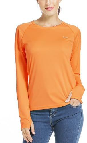 WILLIT Blusa deportiva para mujer, protección solar UPF 50+, camiseta de manga larga, camiseta deportiva Rashguard bañador, correr, natación, senderismo, pesca, tops ligeros, naranja, L