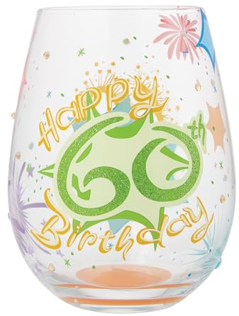 Enesco Lolita Designs Happy 60th Birthday - Copa de vino artesanal pintada a mano sin tallo, 20 onzas, multicolor