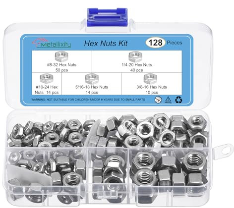 METALLIXITY Hex Nuts Assortment Kit (#8-32, #10-24, 1/4-20, 5/16-18, 3/8-16) 128Pcs, 304 Stainless Steel Hexagon Nut Hardware