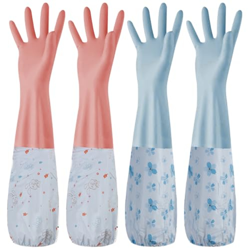 Reccisokz 2 paia di guanti per lavare i piatti da cucina,guanti giardinaggio donna,guanti per la pulizia in cotone con polsino lungo,foderati,adatti per uso domestico,lavanderia,giardinaggio