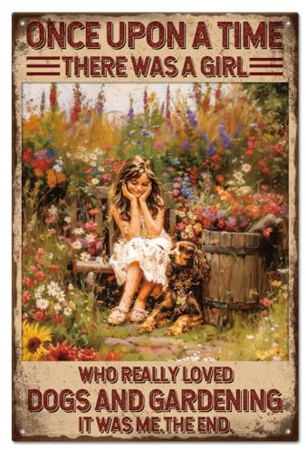 GLOBLELAND Vintage Garden Metal Tin Sign 8×12inch Retro Loves Dogs and Gardening Tin Room Door Sign Tin Painting Art Plaque Poster Wall Decor for Home Living Room Garden Decoration