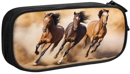 ZHONGSK Trousse à crayons de grande capacité avec compartiments à fermeture éclair, jolie trousse à crayons | Trois chevaux qui courent | Organiseur pour garçons et filles et adultes, Noir , Taille