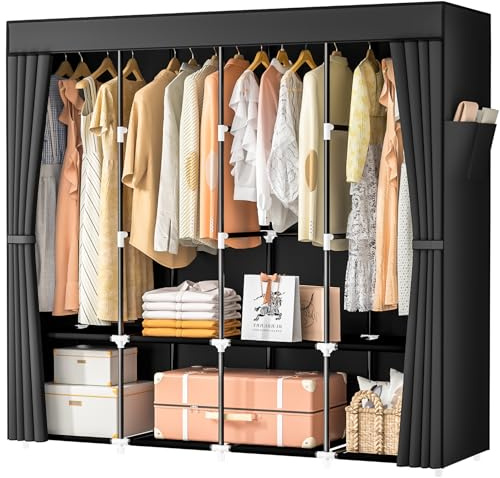 Neatrays Kleiderschrank Stoff mit 4 Kleiderstange Stabil & 8 Fächern, Stabil Kleiderständer mit Abdeckung, Faltbar Wardrobe Closet für Kleiderablage Schlafzimmer Ankleidezimmer (Schwarz)