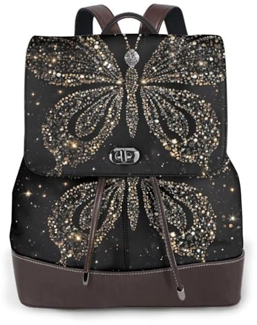 EZDLOWVBA Damen-Rucksack mit Strass-Schmetterlings-Aufdruck, wasserdicht, Diebstahlschutz, leicht, PU-Leder, Nylon, Schule, Schultertasche, Reiserucksack, Schwarz , Einheitsgröße