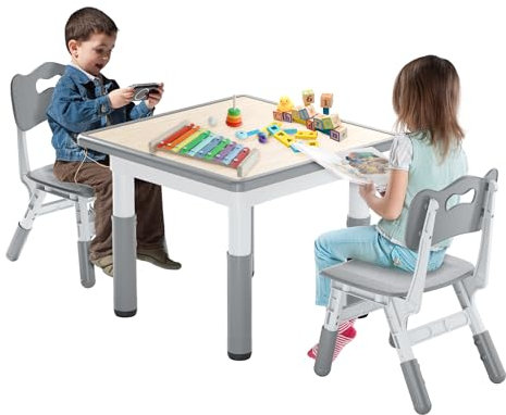 FIVMEN Kindertisch mit 2 Stühlen Kinder Tisch Stuhl Set Höhenverstellbar 3 Teilige Kindersitzgruppe Plastik Kinderzimmer Möbel Spieltisch Schreibtisch für Kinder ab 2 Jahre, 60x60 cm