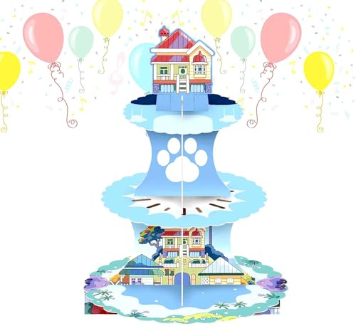 Trusttread Cartoon Dog Home Round Cardboard Cupcake Stand, Blue Birthday Party Accessories 3-Tier Cupcake Stand for Children Happy Birthday Party Decorations