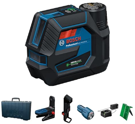 BOSCH GCL165-82CGL 12V Max Connected Green-Beam Cross-Line Laser with Plumb Points, Bluetooth, IP65 Durability, 125 Ft Range, VisiMax Technology, Includes 12V Battery & Charger and Magnetic Mount