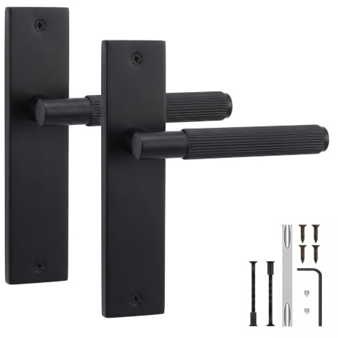 Decoranddecor Hera Matt Black Door Handles Internal Knurled Backplate | Knurled Lever Pair on Plain Backplate, Add Any Tubular Latch, 200x45mm Plate, Interior Door Handles, Fixings