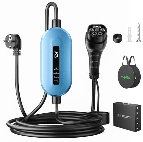 Evjuicion Chargeur Voiture Electrique 8m [16A | 3,68kW] Chargeur Type 2 Rapide avec Voyant LED, Domestique Cable Recharge Voiture Électrique Type 2, Borne de Recharge Portabilité avec Sac (Bleu)