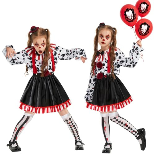 HERMORRYSS Costume da Clown Bambina, Vestito Clown Horror, Costume Clown con Bretelle Bianche e Nere, Abito Clown Bambino con Fermagli e Calzini per Giochi di Ruolo, Halloween (Modello A, XL)