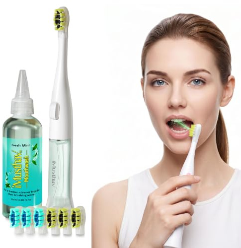 iMusthav Brosse électrique avec pompe bain de bouche - pile AAA sonique | Bain de bouche intégré. 3 modes soniques, minuteur 2 min. 6 têtes de rechange. Compact, maison, voyage. Sans charge.