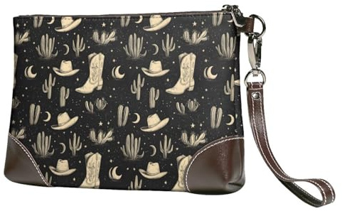 Novastar Small Clutch Purses for Women - Black Cowboy Boots Cactus Print Leather Fashion Wristlet Wallets with Wrist Strap