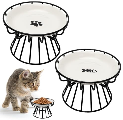 Katzennapf Erhöht, 2 Stück Katzennapf aus Keramik mit Metallständer, Futternapf Katze für Futter Wasser, Katzenschüssel, Schützen den Nacken, Katzennäpfe für Katzen und Welpen