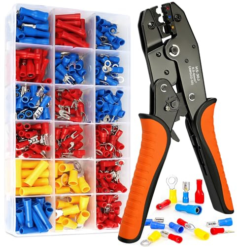Insulated Wire Crimping Tool Set,Cable Ratchet Crimping Tool with 390pcs Ring Terminals,Spade Connectors,Bullet Connectors 0.5-6mm² Cable Crimper Suits Electrical Wiring Repair, Car Etc.
