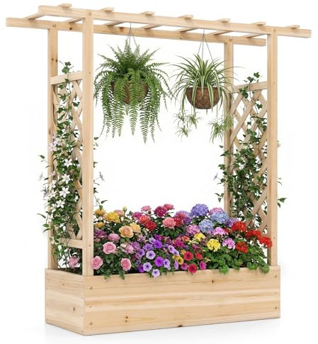 HOMASIS Blumenkasten mit 2 Rankgitter & Dachregal, Hochbeet mit Spalier, Holz Pflanzkasten für Kletterpflanz, Pflanzkübel Pflanzgefäß Rankhilfe für Garten Balkon Terrasse (Natur, 110x35x114cm)
