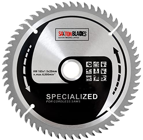 Saxton TCT16560T 165mm x 60t TCT Thin Kerf Cordless Circular Saw Blade Compatible with Dewalt Makita