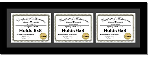 Creative Picture Frames 8X26Bk-B Black Horizontal 6X8 Triple Diploma Frame With 3 Opening Black Matting | Holds 3 6X8 Inch Documents With Installed Wall Hanger