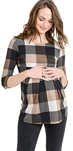 LaClef Women's Round Neck 3/4 Sleeve Front Pleat Peplum Maternity Top (Brown Plaid, M)