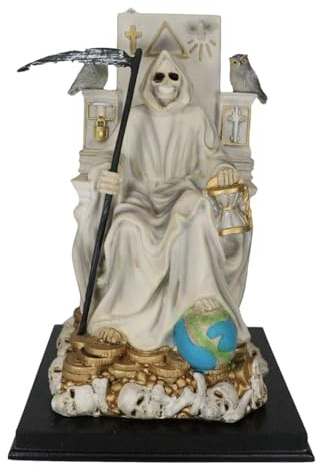 Ebros White Robe Santa Muerte Holy Sacred Death Bone Mother Seated On Throne with Scythe Statue Patron of Protection Healing Purity Figurine Day of The Dead Decorative Sculpture