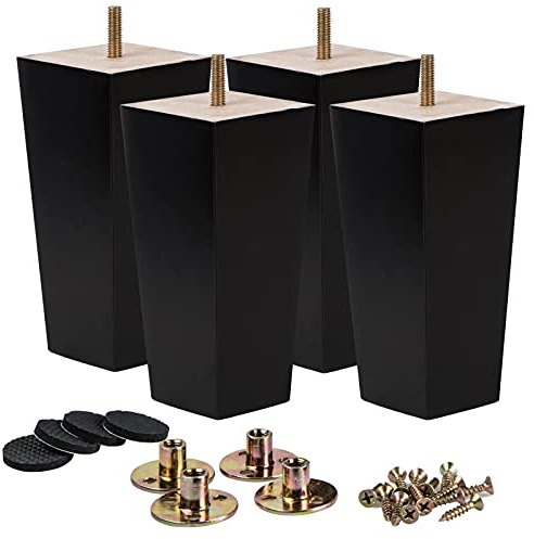La Vane 4 inch / 10cm Solid Wood Furniture Legs Set of 4, Black Square Pyramid Replacement Feet for Couch Sofa Armchair - Mid-Century Modern with Pre-Drilled M8 Bolt & Metal Mounting Plates