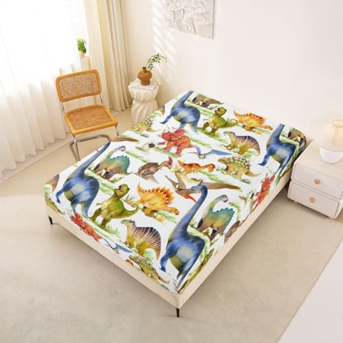 Loussiesd Sábana bajera con estampado de dinosaurios adorables 100% microfibra transpirable, colorida, solo para cama, sin fundas de almohada, sábana ajustable, lujo, tamaño individual (90 x 190 + 30