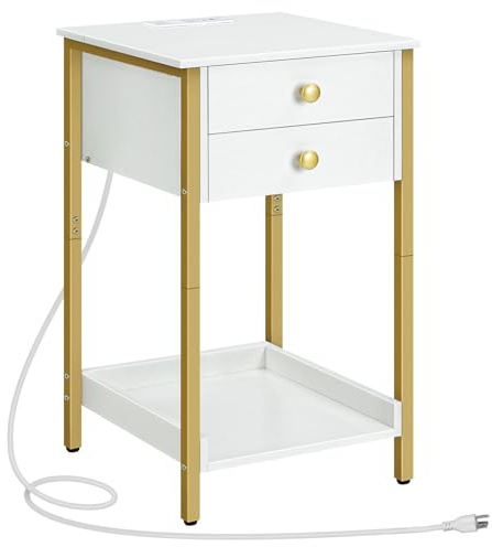 HOOBRO End Table with Charging Station, Tall Nightstand with Storage Drawer, Small Side Table with Gold Frame, 26.2 Inch Telephone Entryway Table for Bedroom, Hallway White and Gold DW72UBZ01