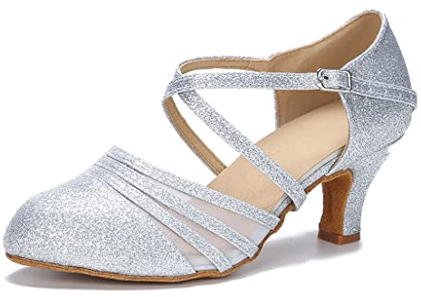 HXYOO Womens Ballroom Dance Shoes for Social Beginner Salsa Latin Closed Toe Dancing Shoes 2 1/2 inches Heels S12（8.5,Silver