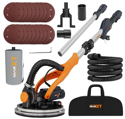 MAXXT Drywall Sander with Vacuum Dust Collection, Popcorn Ceiling Removal Tool, 6 Variable Speed Foldable Telescopic Electric WallSander, 600-1900RPM Power Sander Tool, LED Light, 18Pcs Sanding Discs