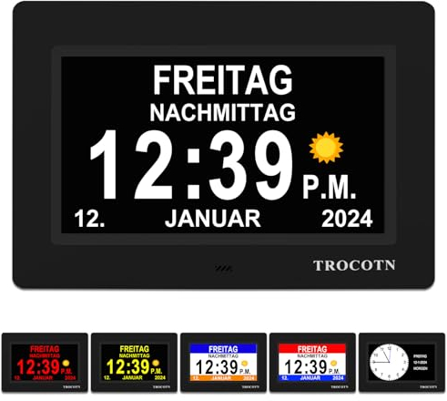 TROCOTN Demenz Uhr senioren, digitaler Kalender, seniorenuhr, Uhr mit Datum und wochentag (7 Zoll Schwarz)