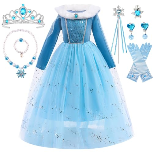 Elsa Anna Kostüm für Mädchen, Eiskönigin Prinzessin Kleid Mit Umhang, Krone und Halsketten Set - Geschenke für Karneval Cosplay