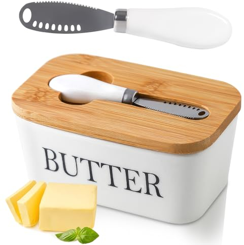 POWZOO Burriera in Ceramica 250g,Bianco–con Coperchio in Legno–Coltello da Burro–guarnizione in Silicone–Contenitore per Burro–Si adatta perfettamente al frigorifero–lavabile in lavastoviglie.