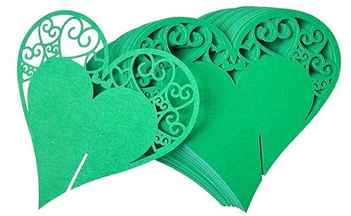 Fayemint 50 Piezas Tarjeta Copa Corazón, Hueco Tarjetas Lugar, Dorado Tarjetas de Lugar Nombre, para Fiestas de Boda, Decoración de Copas de Vino (Verde)