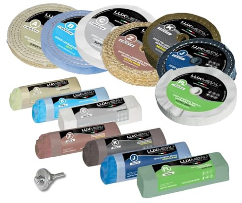 Lux Metal Kit 7 Discos Pulidores 150 mm 7 Pastas Abrasivas Pulidoras 250 gr Para Aluminio Hierro Acero Inoxidable Bronce Mármol Rueda de Pulido para Metales Taladro Muela Amoladora Fieltro Algodón