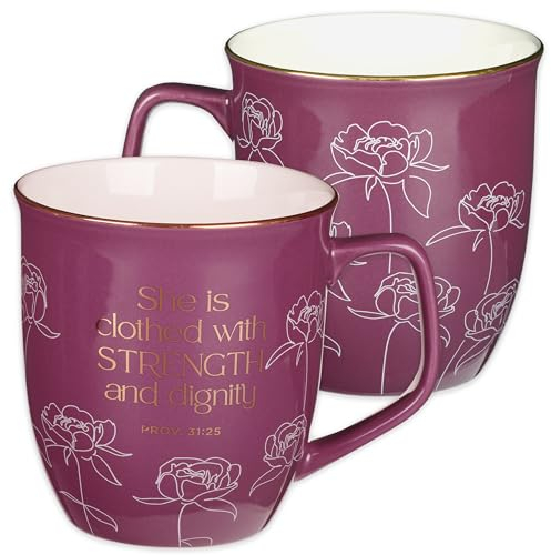 Christian Art Gifts Grande tasse à café et à thé en céramique pour femme : Strength & Dignity Gold encourageant Verse biblique mignon sans plomb/cadmium, violet prune/blanc floral, 414 ml.