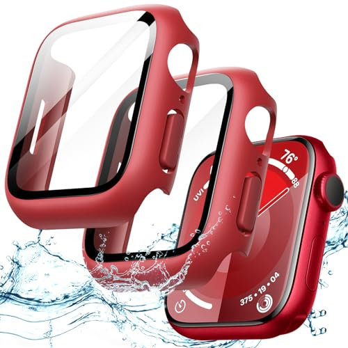 JETech Wasserdichte Hülle mit Schutzfolie für Apple Watch Series 9 8 7 45mm, Eingebautes Gehärtetes Glas Displayschutz Hart PC Stoßstange Vollständig Schutzhülle, 2 Stück (Rot)